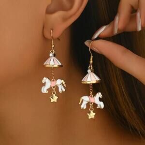 Carousel Horse Drop Earrings – Pink Enamel Circus Charm Earrings